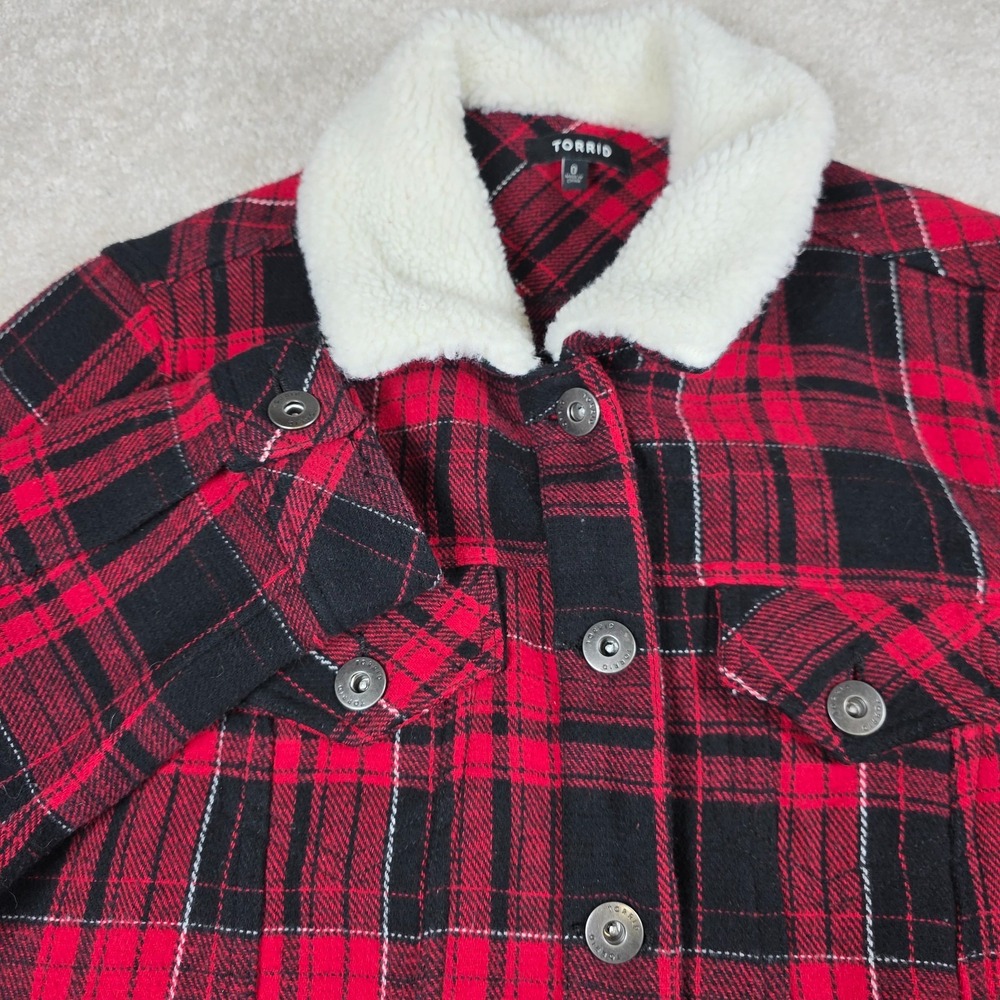 Torrid Jacket Womens 0 Red Black Buffalo Plaid Cottonβ Trucker Sherpa Collar